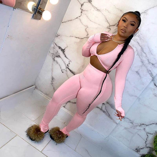 FQLWL Casual Summer 2 Two Piece Set Women Pink Outfit Long Sleeve Crop Top Leggings Women Joggers Matching Sets Ladies Tracksuit - Mubimart