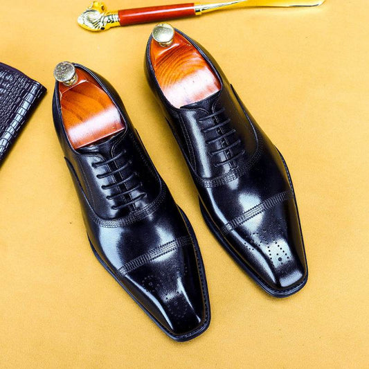 Men'S Single Shoes Three-Joint Leather Shoes Leather Carved Oxford Shoes - Mubimart