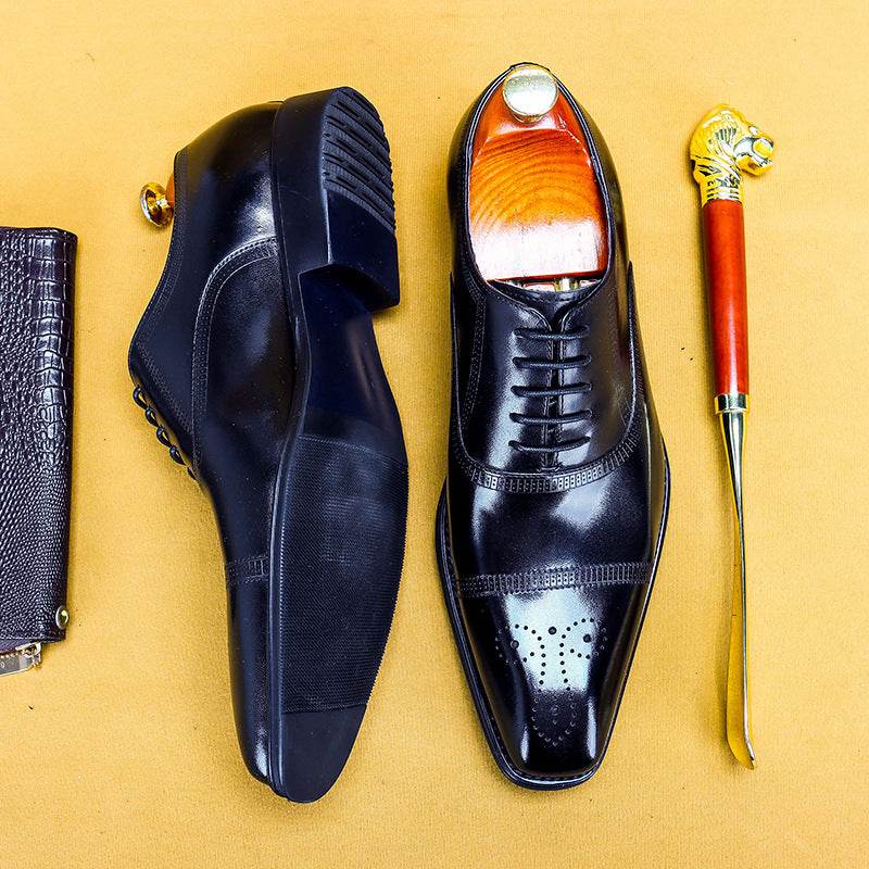 Men'S Single Shoes Three-Joint Leather Shoes Leather Carved Oxford Shoes - Mubimart