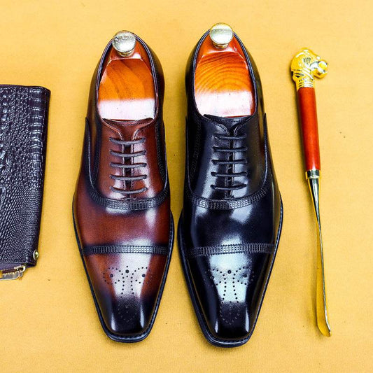 Men'S Single Shoes Three-Joint Leather Shoes Leather Carved Oxford Shoes - Mubimart