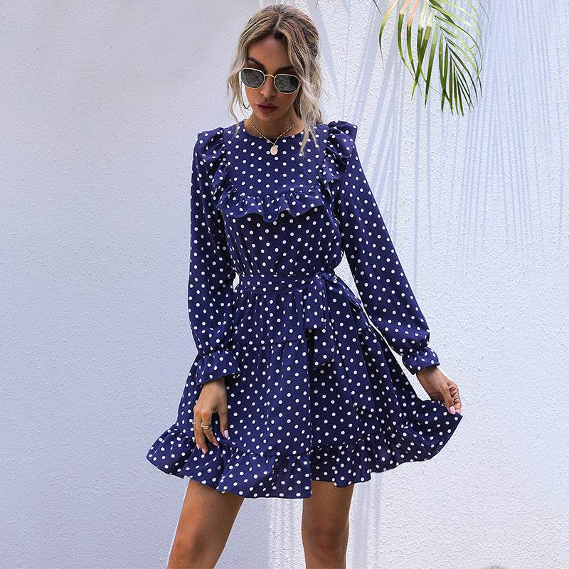 Autumn And Winter Dress Long-sleeved Polka Dot Ruffled Lace-up Skirt - Mubimart