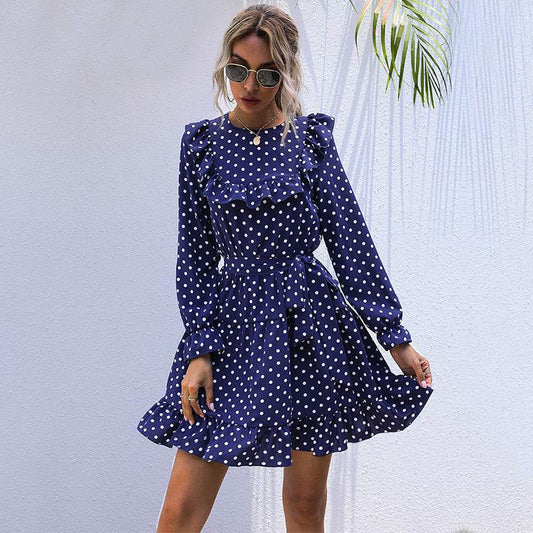 Autumn And Winter Dress Long-sleeved Polka Dot Ruffled Lace-up Skirt - Mubimart