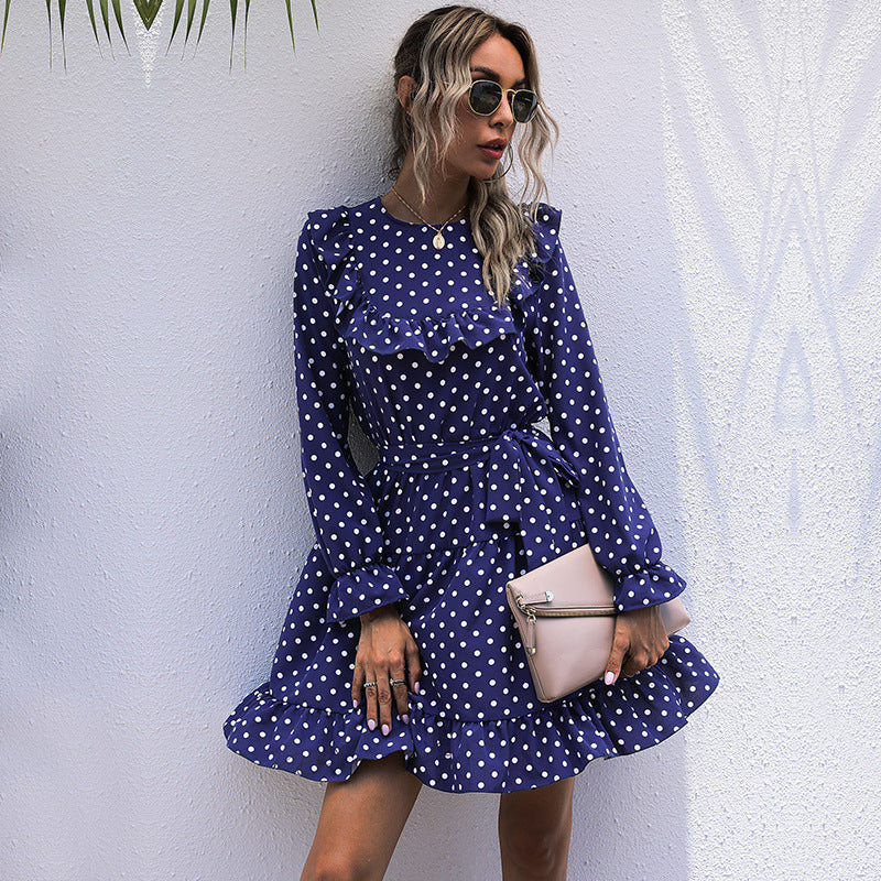 Autumn And Winter Dress Long-sleeved Polka Dot Ruffled Lace-up Skirt - Mubimart -  