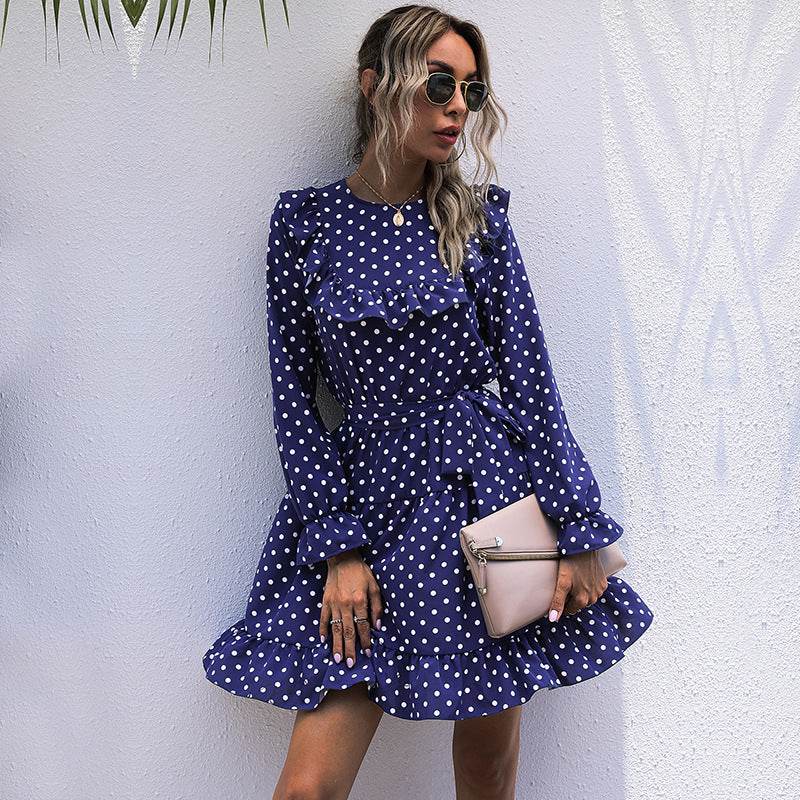 Autumn And Winter Dress Long-sleeved Polka Dot Ruffled Lace-up Skirt - Mubimart