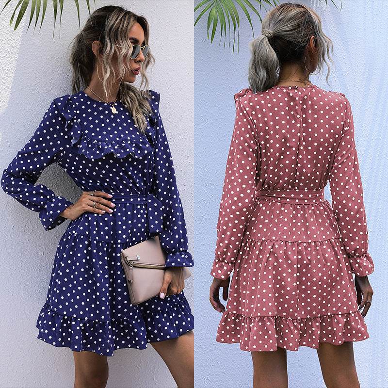 Autumn And Winter Dress Long-sleeved Polka Dot Ruffled Lace-up Skirt - Mubimart