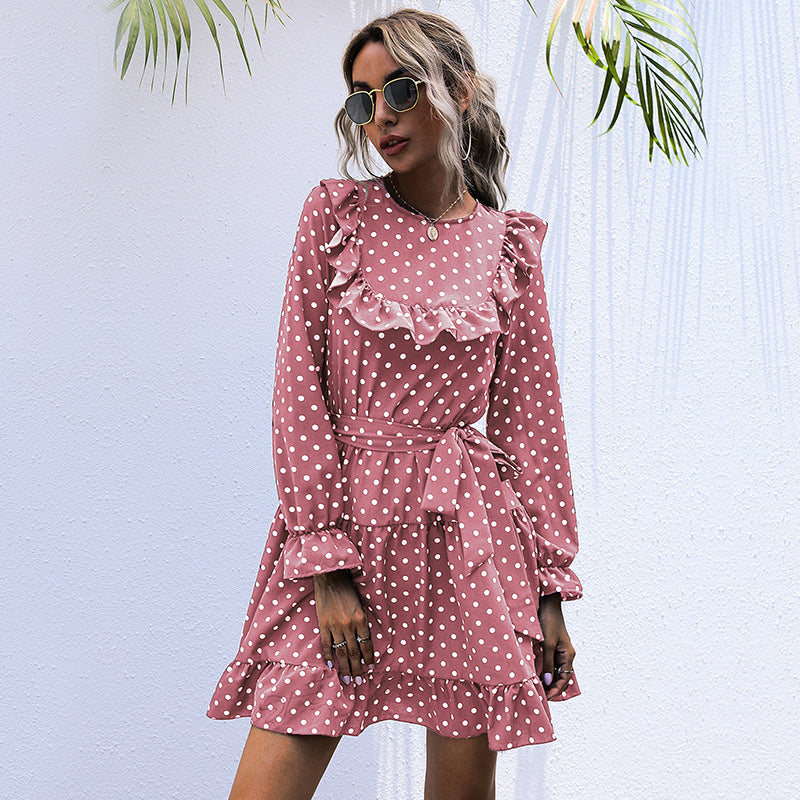 Autumn And Winter Dress Long-sleeved Polka Dot Ruffled Lace-up Skirt - Mubimart -  