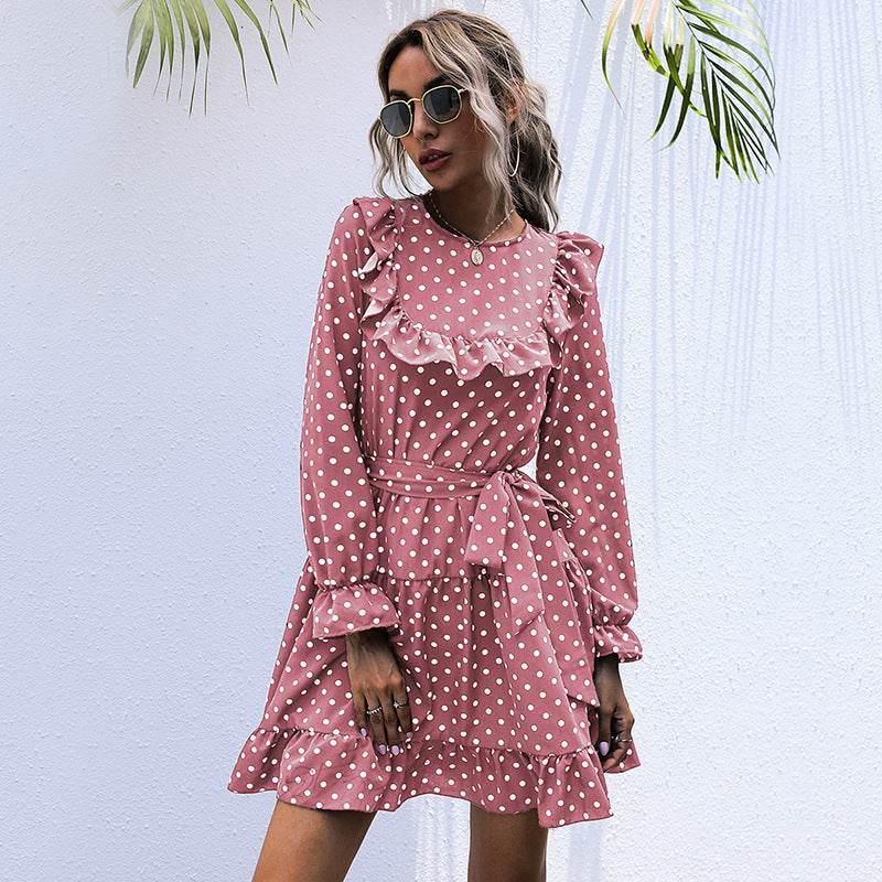 Autumn And Winter Dress Long-sleeved Polka Dot Ruffled Lace-up Skirt - Mubimart