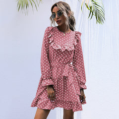 Autumn And Winter Dress Long-sleeved Polka Dot Ruffled Lace-up Skirt - Mubimart -  