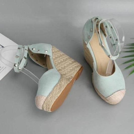 Womens Pumps Shoes Espadrilles Wedges Platform Ankle Buckle Rivet - Mubimart