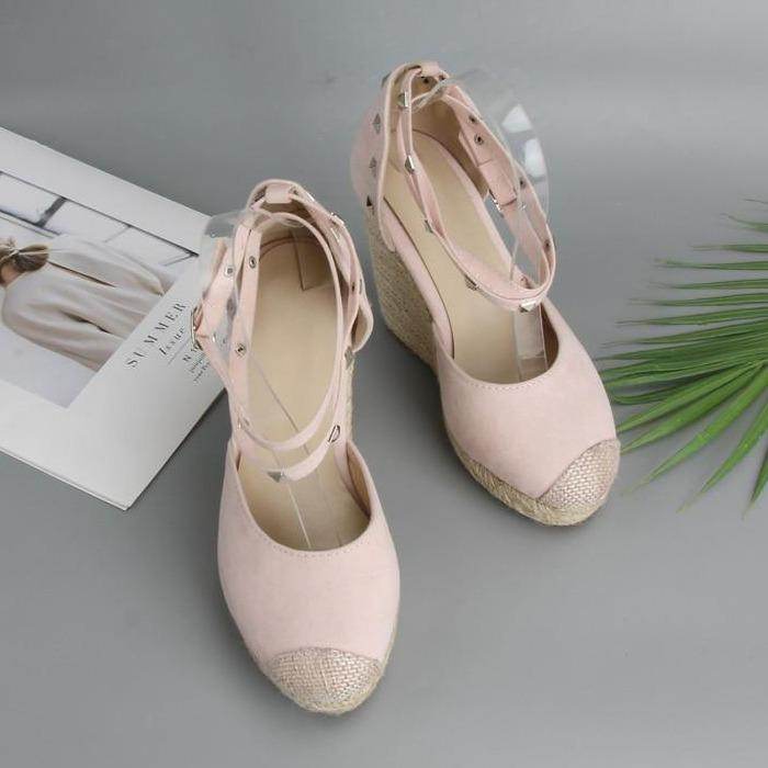 Womens Pumps Shoes Espadrilles Wedges Platform Ankle Buckle Rivet - Mubimart