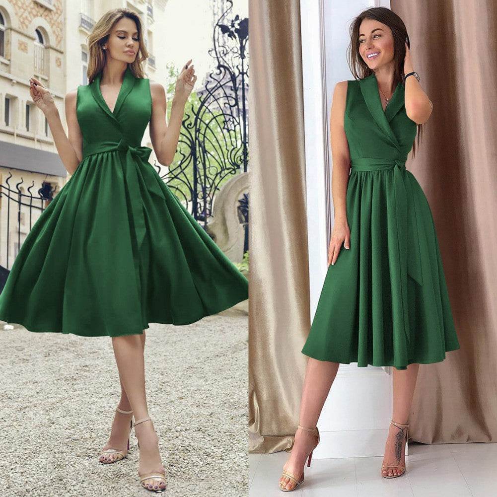 Dies Midi Dress Casual Sleeveless Belt Dress Female New - Mubimart