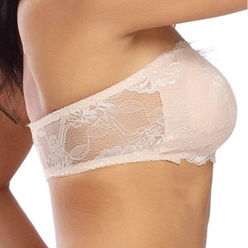 Solid Color Lace Hollow Underwear Strapless Invisible Bra - Mubimart