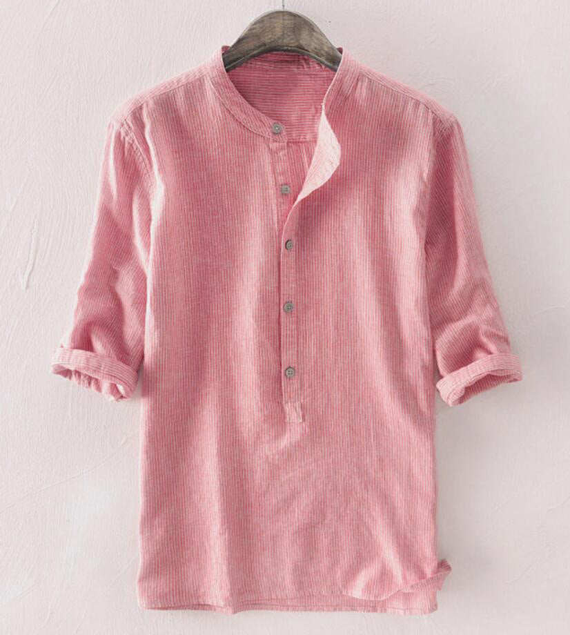 Men's Stand Up Collar Cotton And Linen Long Sleeved Shirt Linen Shirt