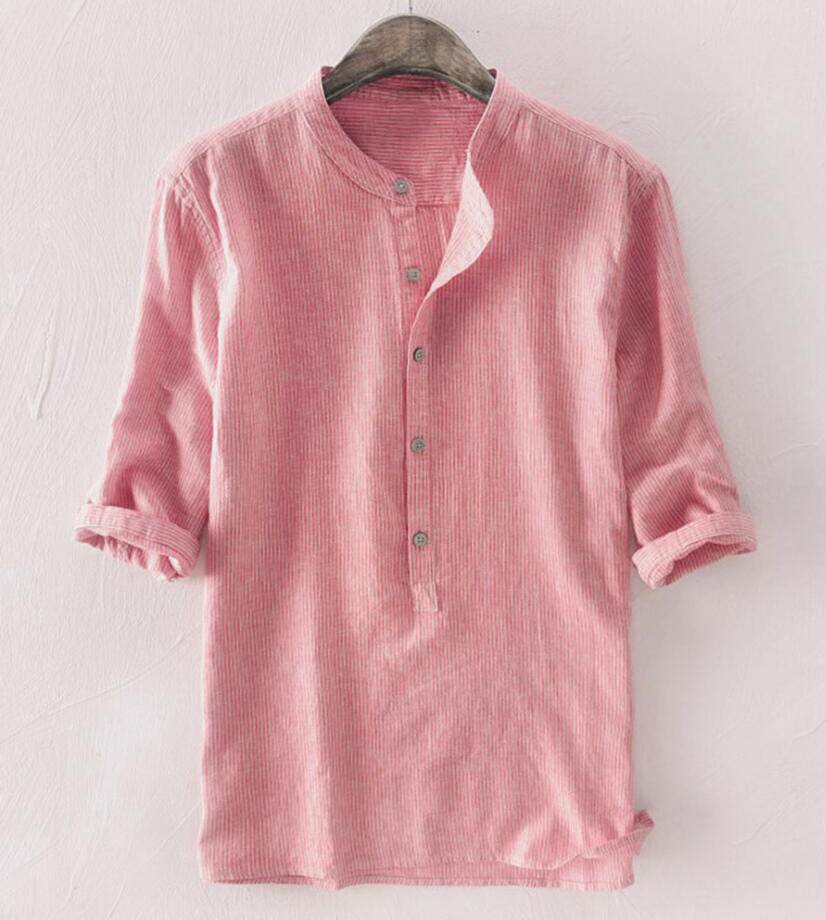Men's Stand Up Collar Cotton And Linen Long Sleeved Shirt Linen Shirt - Mubimart