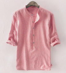 Men's Stand Up Collar Cotton And Linen Long Sleeved Shirt Linen Shirt