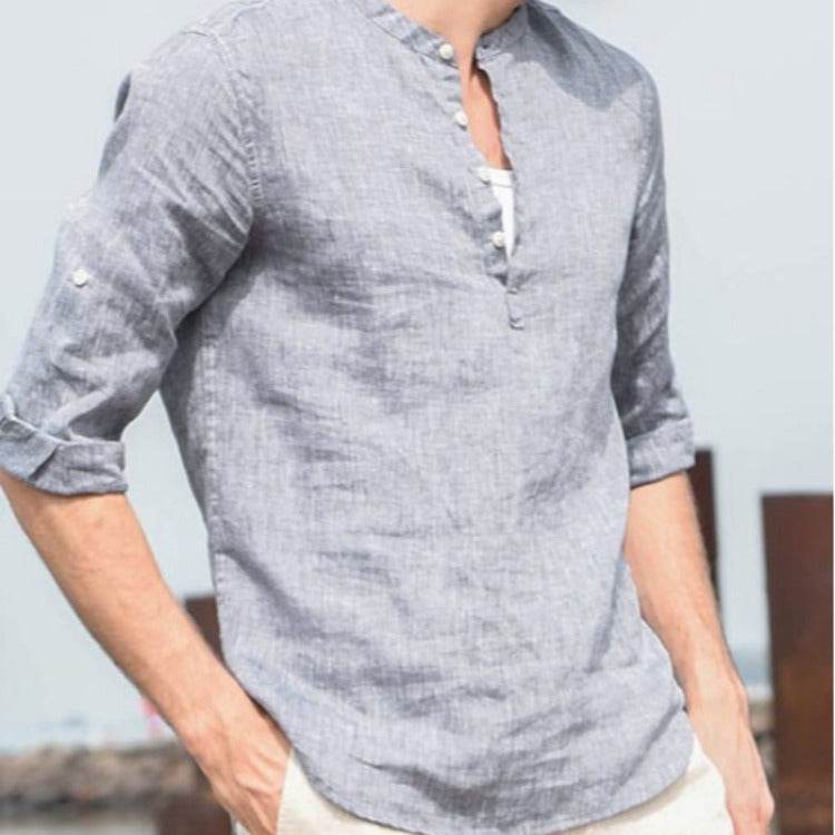Men's Stand Up Collar Cotton And Linen Long Sleeved Shirt Linen Shirt - Mubimart