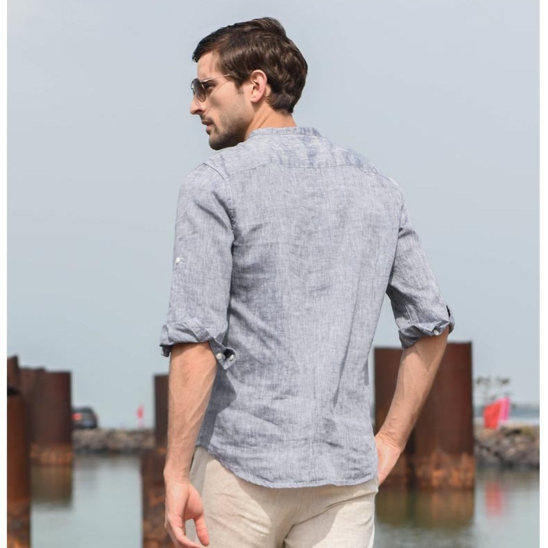 Men's Stand Up Collar Cotton And Linen Long Sleeved Shirt Linen Shirt