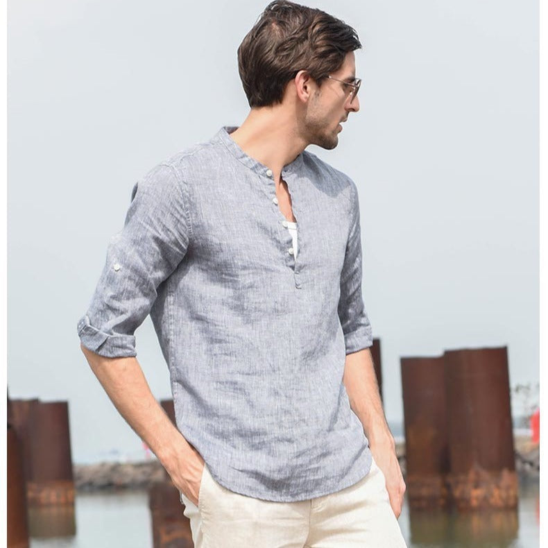 Men's Stand Up Collar Cotton And Linen Long Sleeved Shirt Linen Shirt