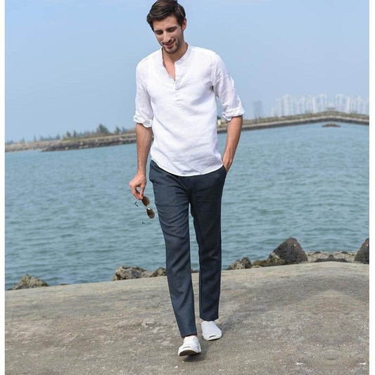 Men's Stand Up Collar Cotton And Linen Long Sleeved Shirt Linen Shirt - Mubimart
