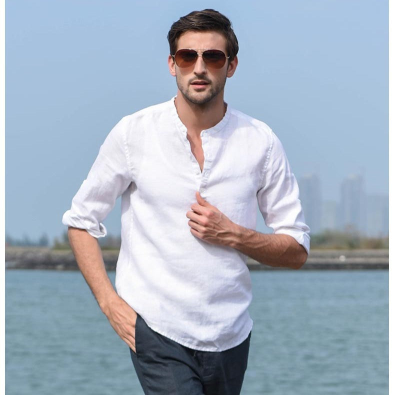 Men's Stand Up Collar Cotton And Linen Long Sleeved Shirt Linen Shirt