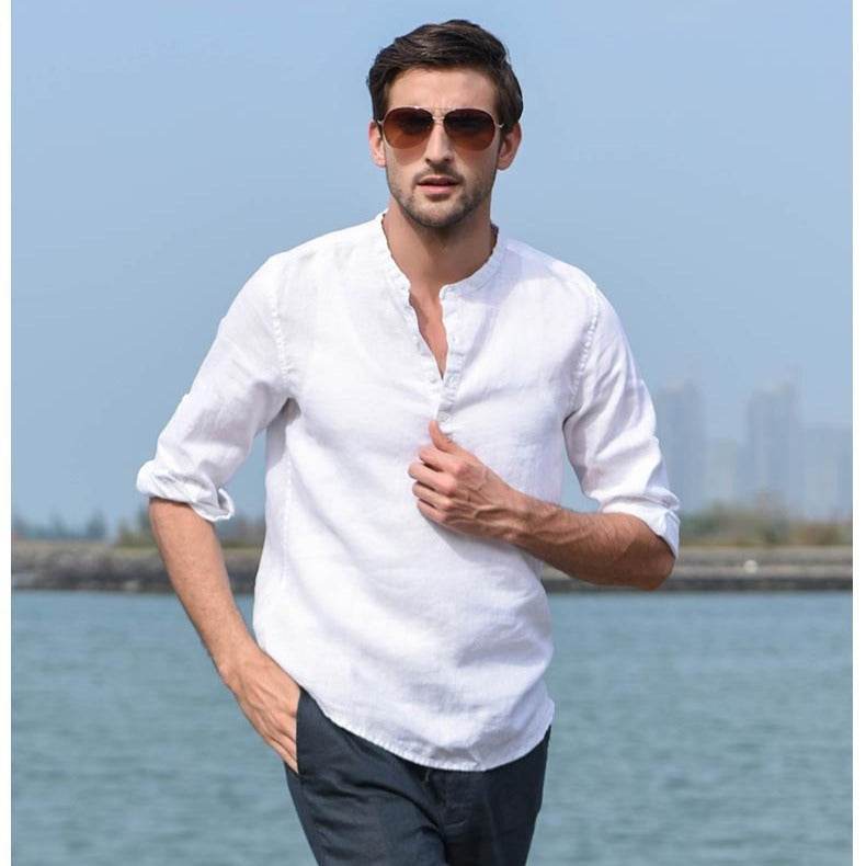 Men's Stand Up Collar Cotton And Linen Long Sleeved Shirt Linen Shirt - Mubimart