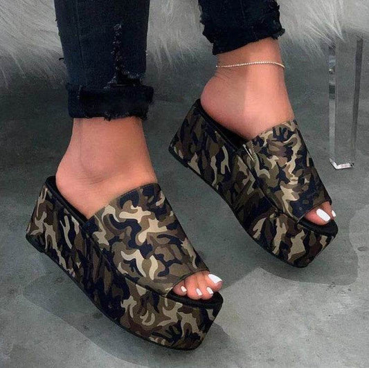 Summer Platform Sandals Leopard Print Women Sandal Flat Shoes Casual Women Peep Toe Black Platform Sandals - Mubimart