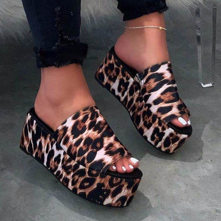 Summer Platform Sandals Leopard Print Women Sandal Flat Shoes Casual Women Peep Toe Black Platform Sandals - Mubimart