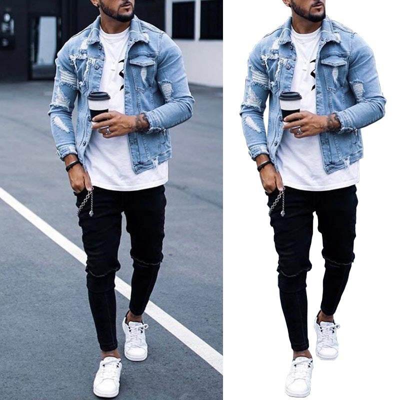 Lapel Men's Denim Jacket Ripped Irregular Washed Jacket - Mubimart