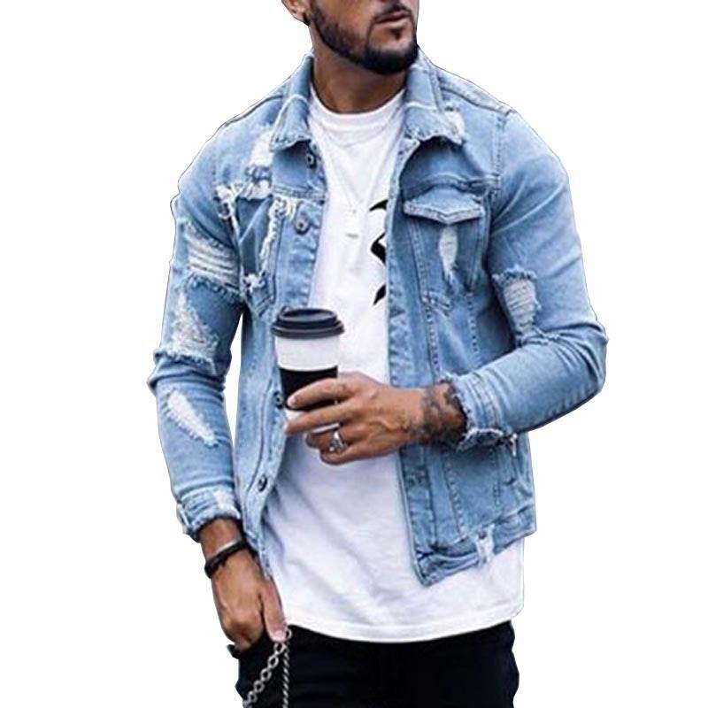Lapel Men's Denim Jacket Ripped Irregular Washed Jacket - Mubimart
