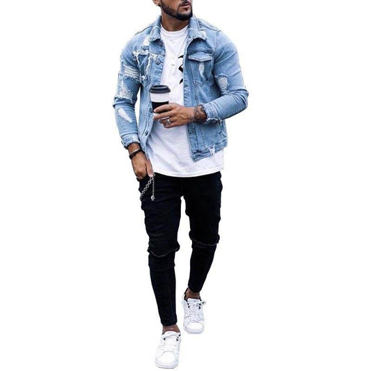 Lapel Men's Denim Jacket Ripped Irregular Washed Jacket - Mubimart