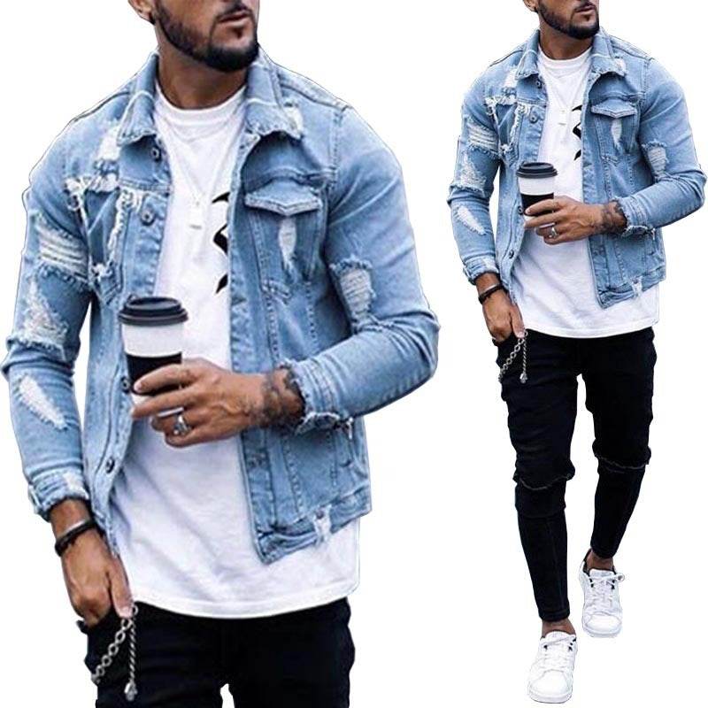 Lapel Men's Denim Jacket Ripped Irregular Washed Jacket - Mubimart