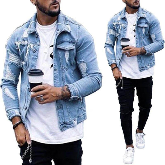 Lapel Men's Denim Jacket Ripped Irregular Washed Jacket - Mubimart