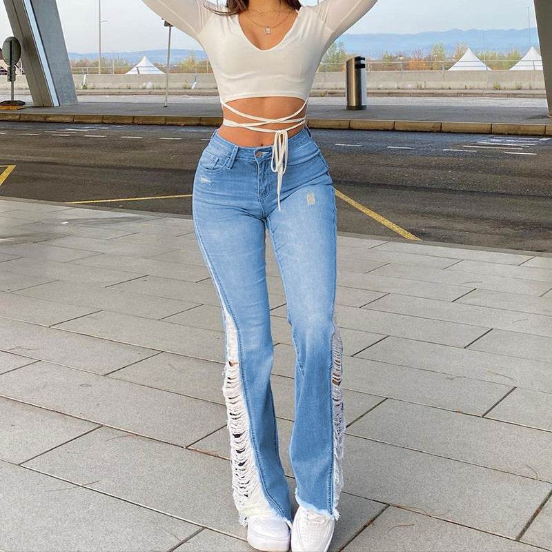 New Style Women's Casual Pierced Drawnwork High Waist Bootcut Washed Jeans - Mubimart