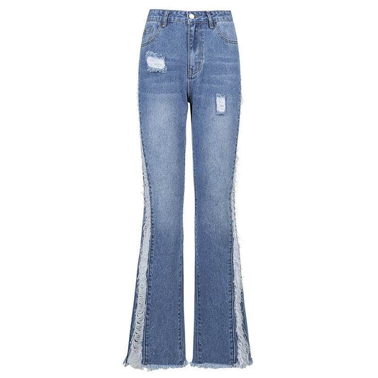New Style Women's Casual Pierced Drawnwork High Waist Bootcut Washed Jeans - Mubimart
