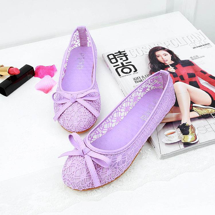 Ladies Mesh Lace Hollow Bowknot Work Shoes - Mubimart