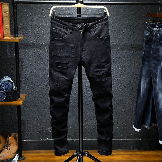 Spring And Summer New Jeans Pure Black Ripped Stretch Jeans Men Black Jeans Men - Mubimart