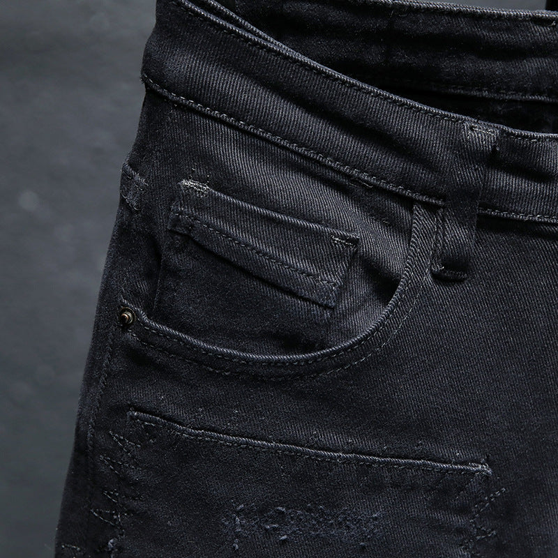 Lente en zomer nieuwe jeans Pure Black Ripped Stretch Jeans Heren Zwarte jeans Heren