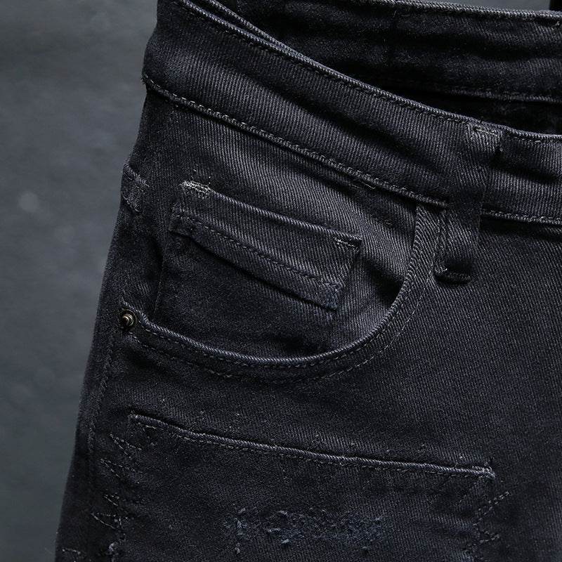 Spring And Summer New Jeans Pure Black Ripped Stretch Jeans Men Black Jeans Men - Mubimart