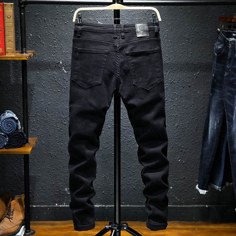 Spring And Summer New Jeans Pure Black Ripped Stretch Jeans Men Black Jeans Men - Mubimart
