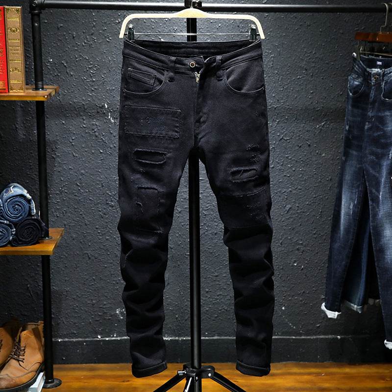 Spring And Summer New Jeans Pure Black Ripped Stretch Jeans Men Black Jeans Men - Mubimart
