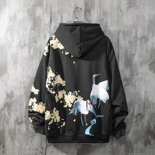 National Tide Crane Sweater Men's Hooded Loose Peach Blossom Antique Coat - Mubimart