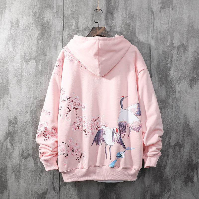 National Tide Crane Sweater Men's Hooded Loose Peach Blossom Antique Coat - Mubimart