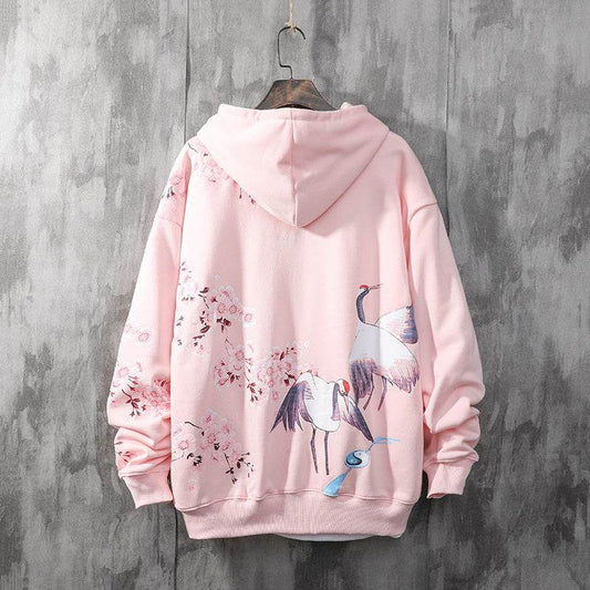 National Tide Crane Sweater Men's Hooded Loose Peach Blossom Antique Coat - Mubimart