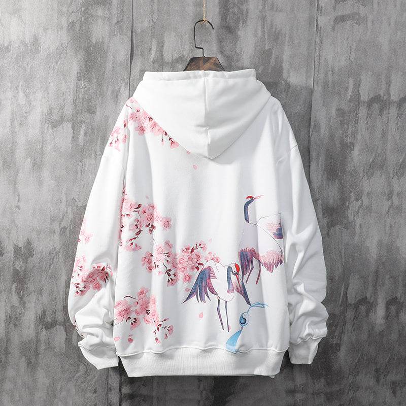 National Tide Crane Sweater Men's Hooded Loose Peach Blossom Antique Coat - Mubimart