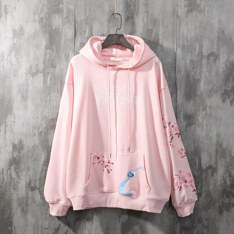 National Tide Crane Sweater Men's Hooded Loose Peach Blossom Antique Coat - Mubimart