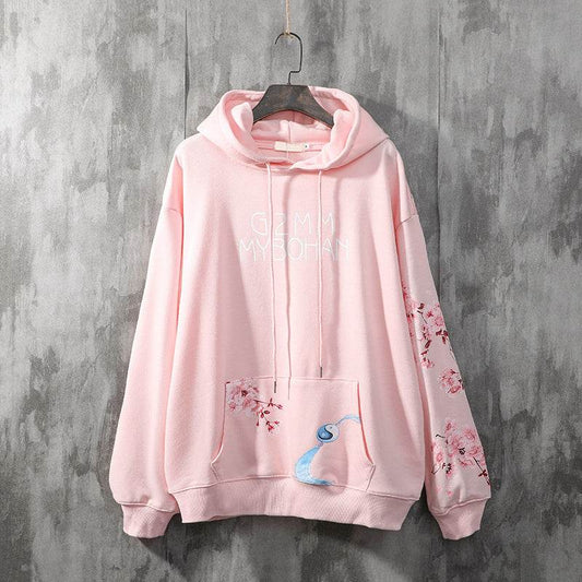 National Tide Crane Sweater Men's Hooded Loose Peach Blossom Antique Coat - Mubimart
