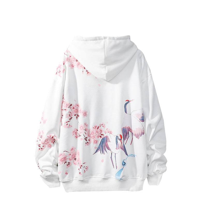 National Tide Crane Sweater Men's Hooded Loose Peach Blossom Antique Coat - Mubimart