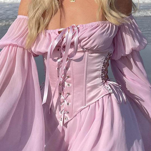 Chiffon Summer Dress Pink Bandage Corset Casual - Mubimart