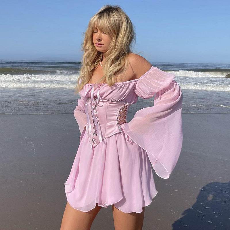 Chiffon Summer Dress Pink Bandage Corset Casual - Mubimart