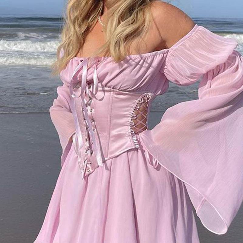 Chiffon Summer Dress Pink Bandage Corset Casual - Mubimart